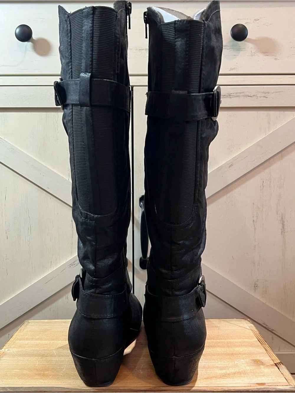 Trensetter Black Slouchy Knee High Wedge Boots Buckle Straps Sz 9.5